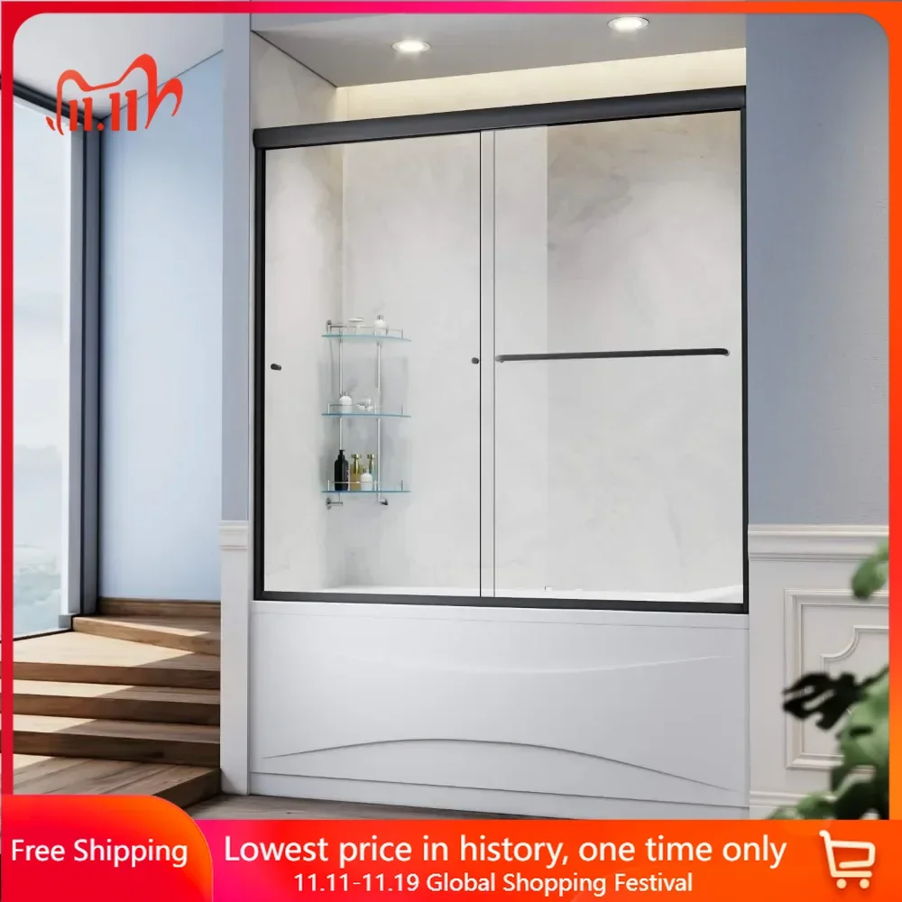 60 in. W X 57 in. H Shower Doors, 1/4 in. Clear Glass, Black Hardware, Double Sliding Glass Shower Doors