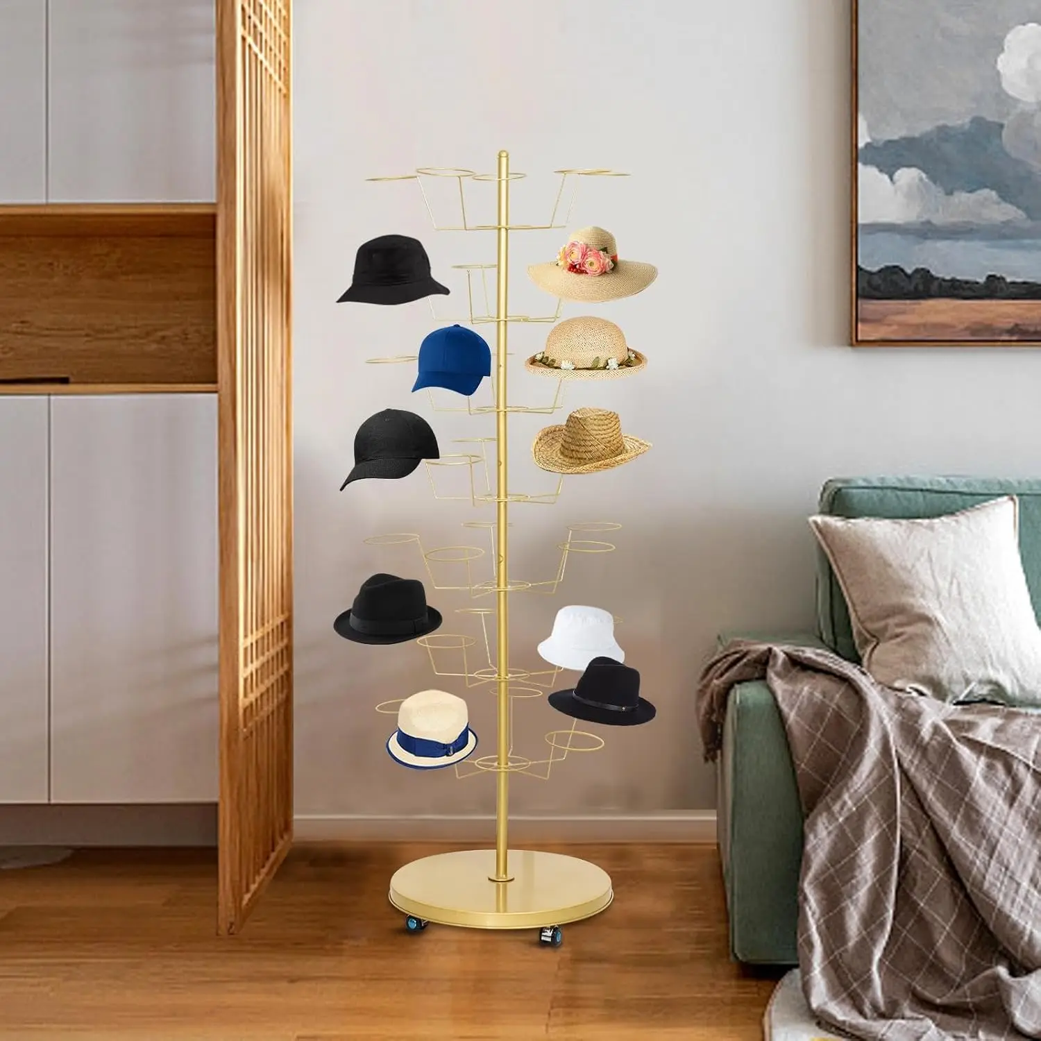 Hat Rack - 7-Tier Gold Freestanding Hats Rack Stand - 35 Hooks Wig Retail Hanger, Hat Holder for Bedroom Entrance