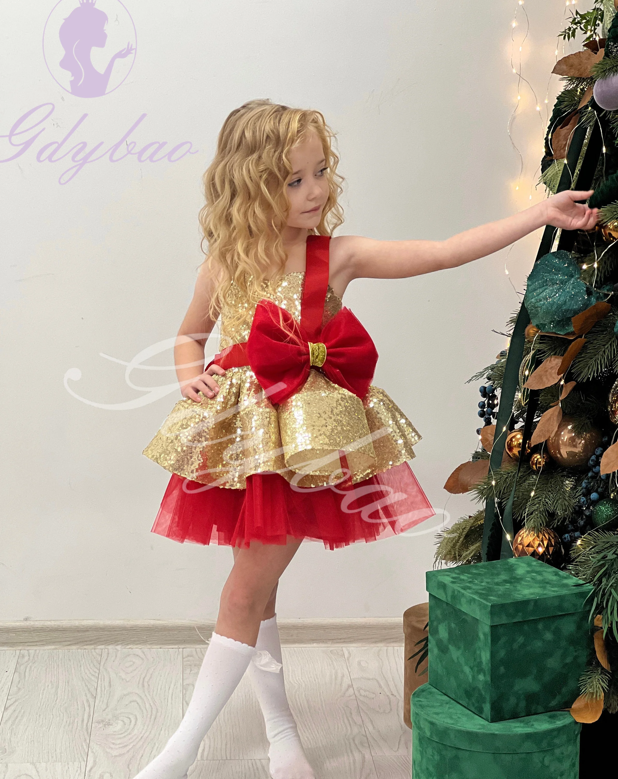 Vestido de niña de flores dorado brillante para boda, tul hinchado hasta la rodilla con lazo, fiesta de cumpleaños para niños, vestidos para sesión de fotos de Navidad