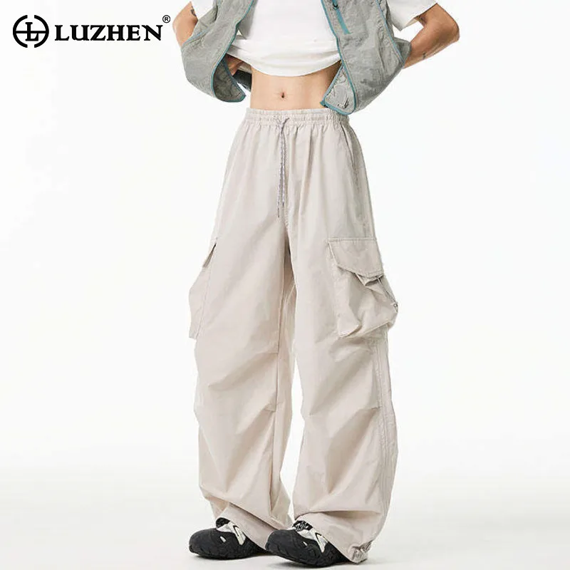 

LUZHEN однотонные брюки-карго с карманами, мужские брюки-карго, новинка 2025, модные свободные прямые широкие повседневные брюки на шнурке JY2889