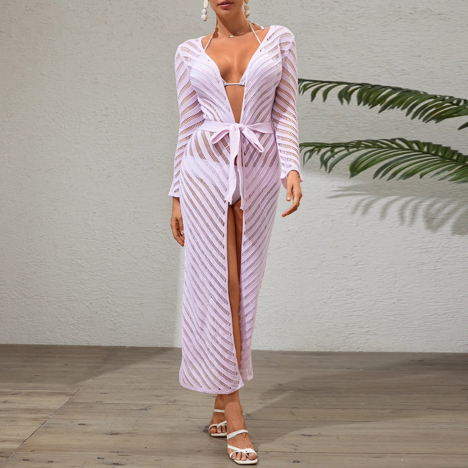 

Women's Mesh Transparent Hollow Chest Wrapped Long Sleeved Top Casual Suit Dress for Summer 2025