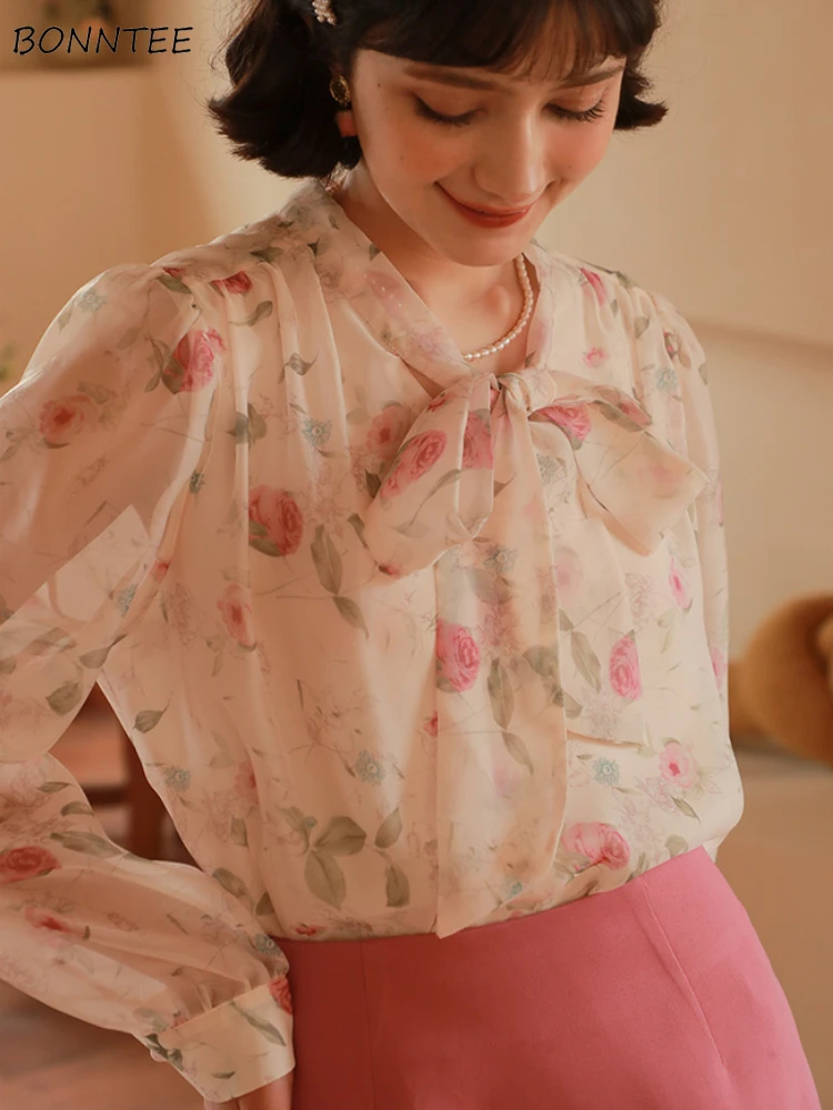 

Pink Floral Blouses Women Elegant Vintage Romantic Aesthetic Y2k Tops Designed Spring Summer Clothing Camisas Chic