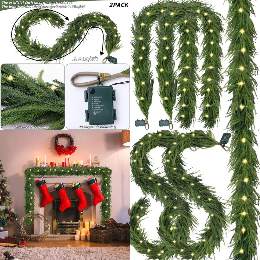 

Pre-Lit Christmas Garland, 9FT Artificial Faux LED Norfolk Pine, Realistic Greenery for Mantle, Table, Door, Indoor or Outdoor H
