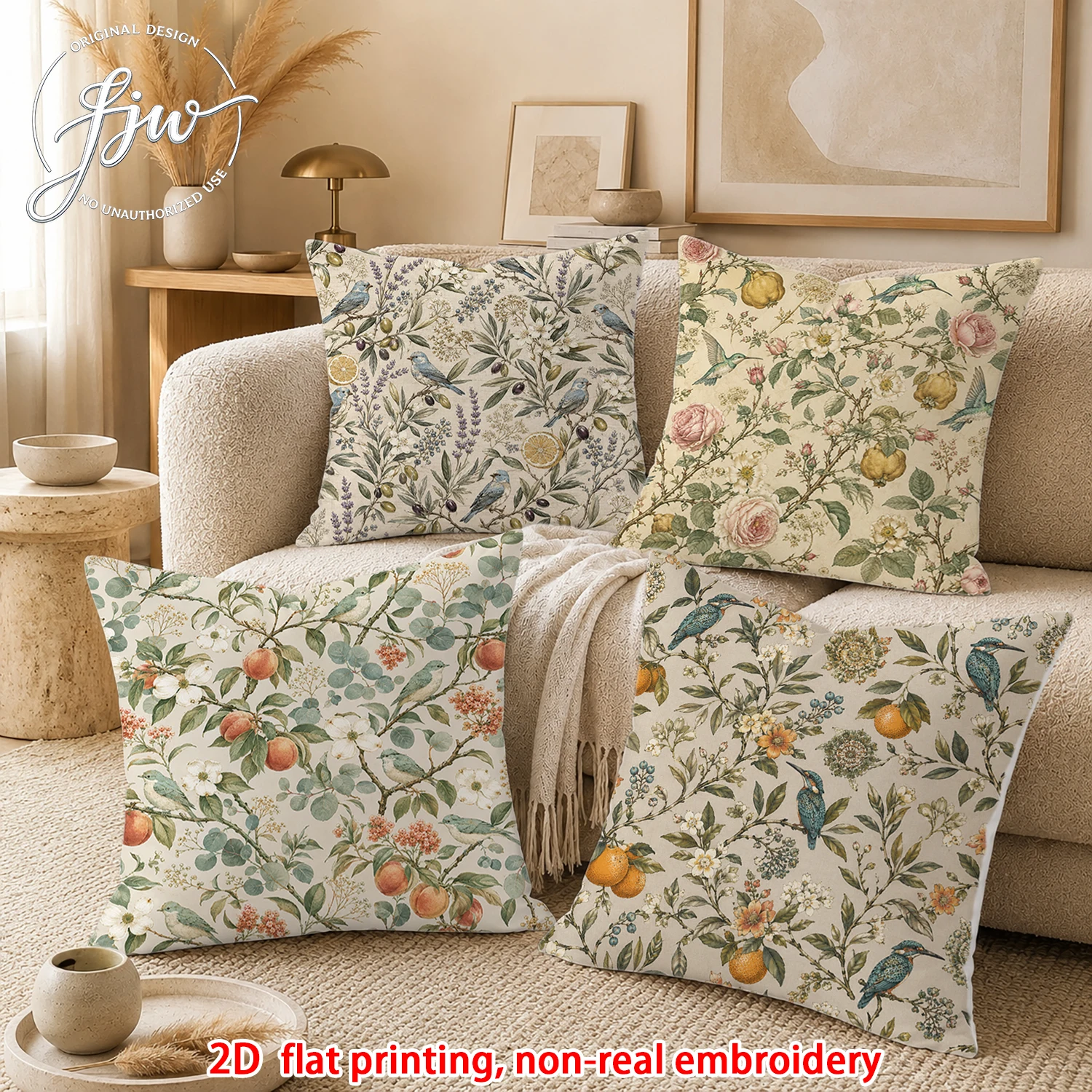 4pcs Vintage Botanical Bird and Fruit Throw Pillow Covers Neutral Farmhouse Cushion Cases for Sofa Bedroom