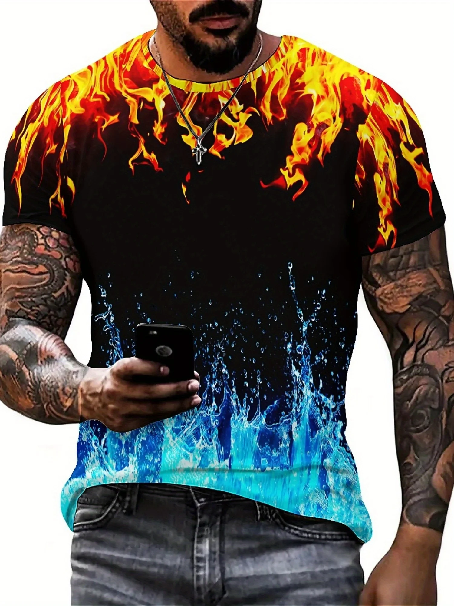Men's flame pattern T-shirt - bold 3D printing orange yellow red gradual change flame, light and breathable polyester fiber
