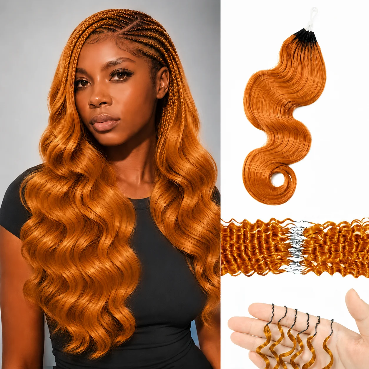 Ginger Orange Body Wave Feather Crochet Human Hair Pre Separated Knotless Boho Braids Lightweight Soft Full Ends Extensions Hair