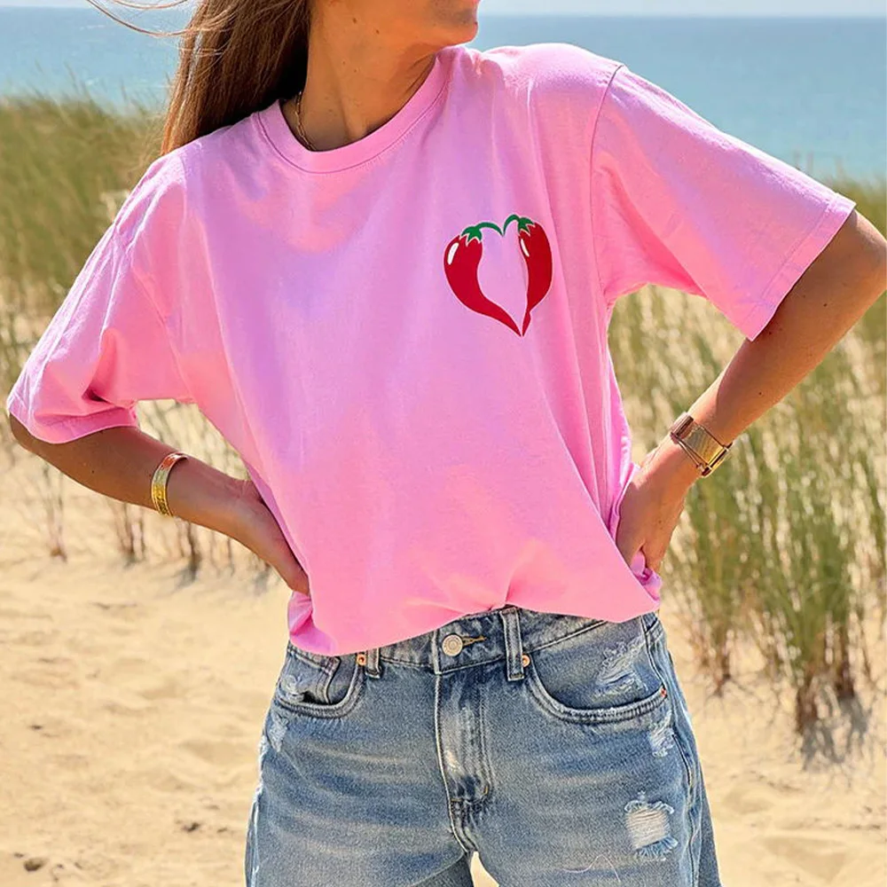 2026 Summer Pepper Printing Retro Style Short Sleeve T Shirts Female Loose Cotton Casual Tops Tees Crewneck Graphic Shirts