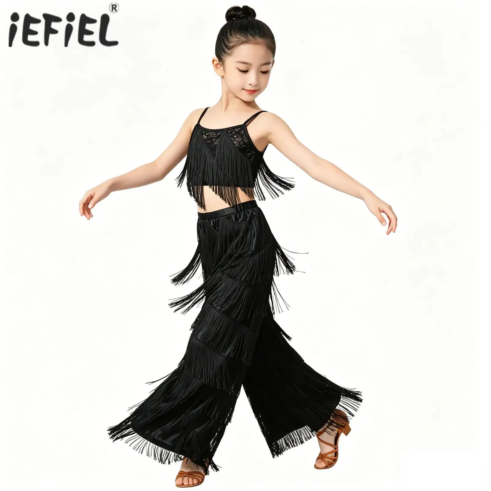 

Детский костюм для латиноамериканских танцев для девочек: комплект из 2 предметов для сальсы и современных бальных танцев, топ с бахромой и металлические брюки