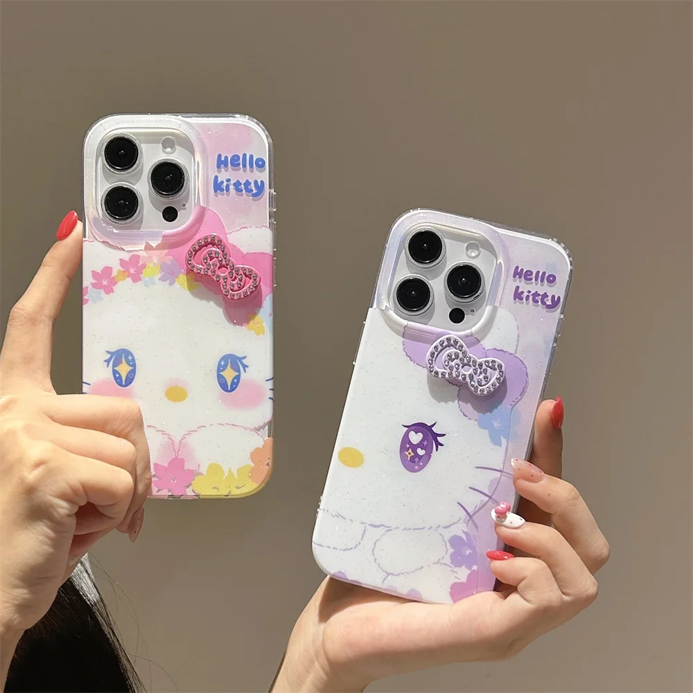 

Korean INS Flash drill cute Hellokitty phone case for iPhone 14 15 16 Pro Max cover Lovely Anti-fall shockproof rear cover Funda