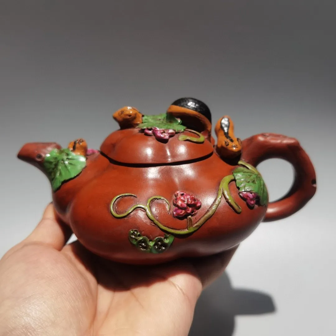 

Old Chinese Handicraft Enameled YiXing Zisha (red stoneware) Teapot,squirrel grape teapot,with mark, Free shipping