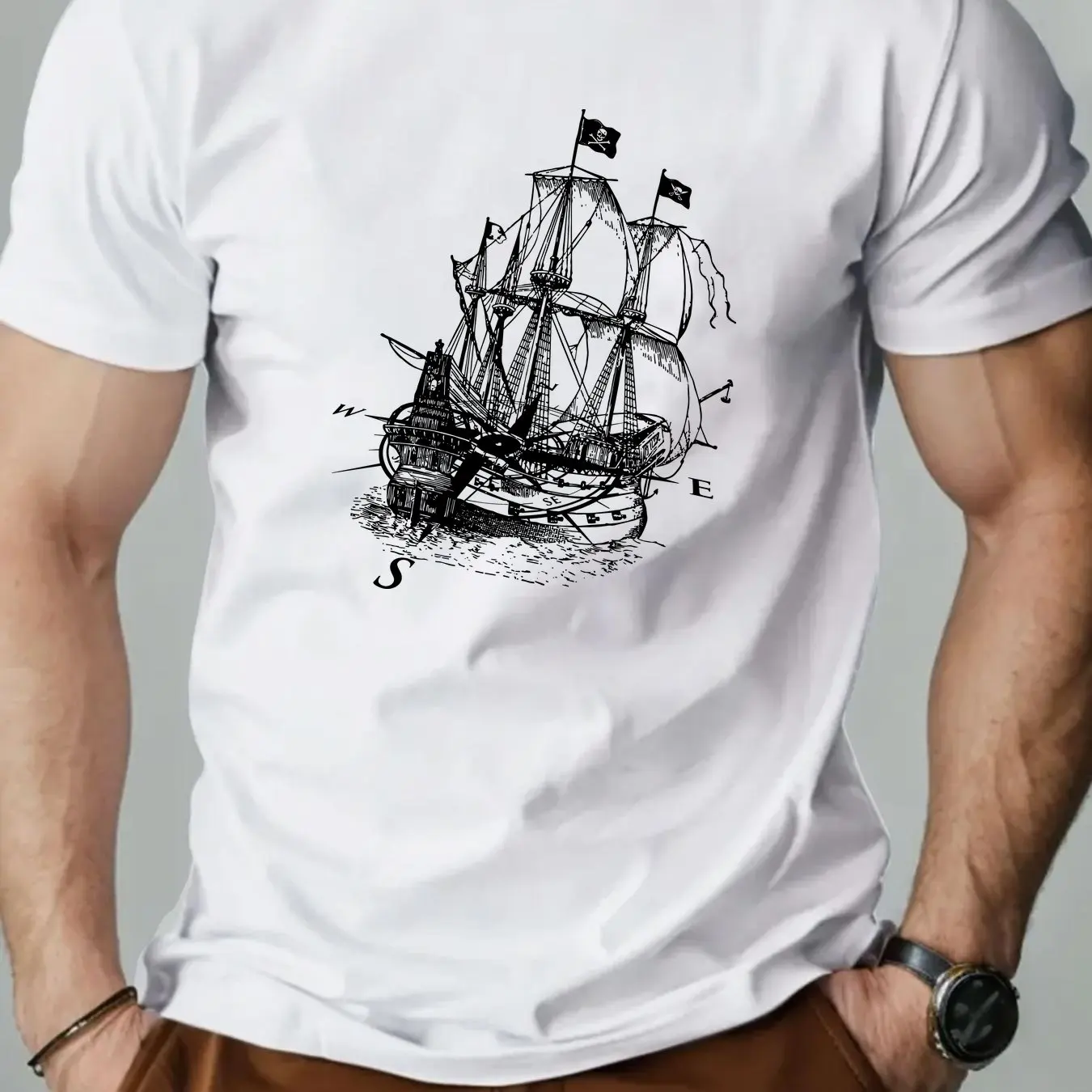 Men Nautical-Themed Summer T-Shirt Casual Crew Neck Short Sleeve Cotton Tee with Vintage Ship Illustration Men Clothing
