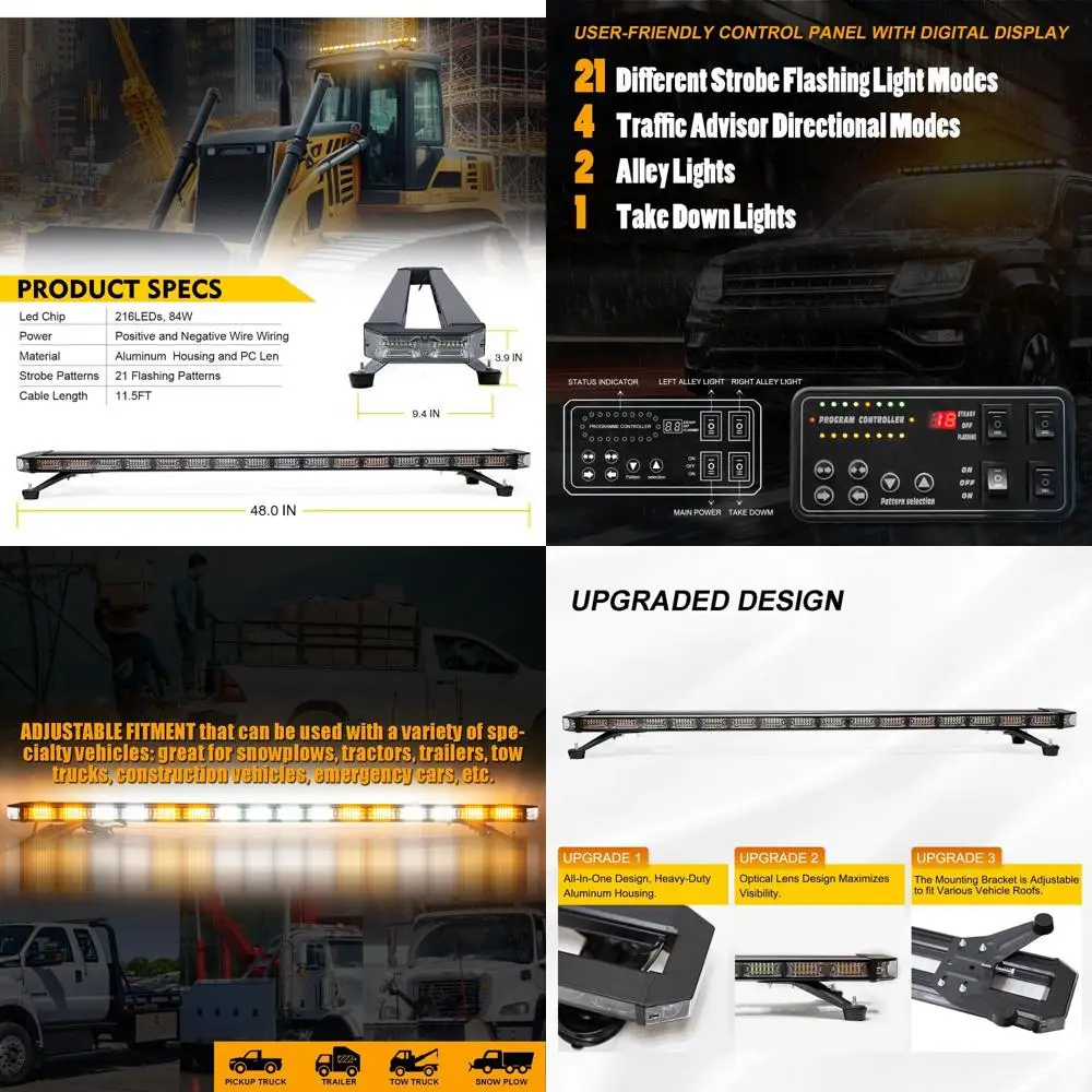 

48-Inch Heavy-Duty Traffic Warning Light Bar with LED Alley and Take-Down Lights for Construction and Towing Vehicles