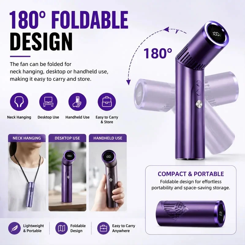 3000mAh Brushless motor large capacity portable charging folding lipstick mini handheld with LED Display small fan