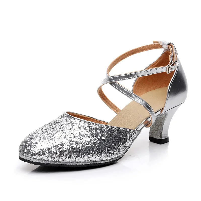 customized Female adult sequined Baotou modern dance shoes mid heel soft soled women's cool latin salsa dance shoes