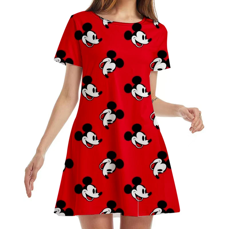 

Disney Stitch and Mickey Minnie Anime Print Casual Boho Beach Dress Women Crew Neck Party Summer Short Sleeve Loose Mini Dress