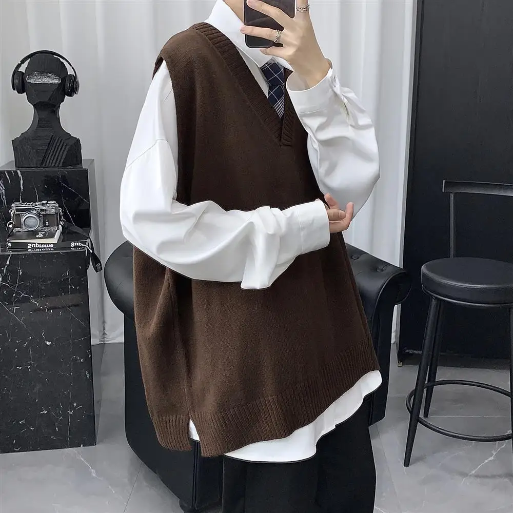 

V-neck Sweater Vest Men Fashion Casual Knit Pullover Men Korean Style Loose Jumper Vest Mens Knitted Sweater Vest 2023 A02