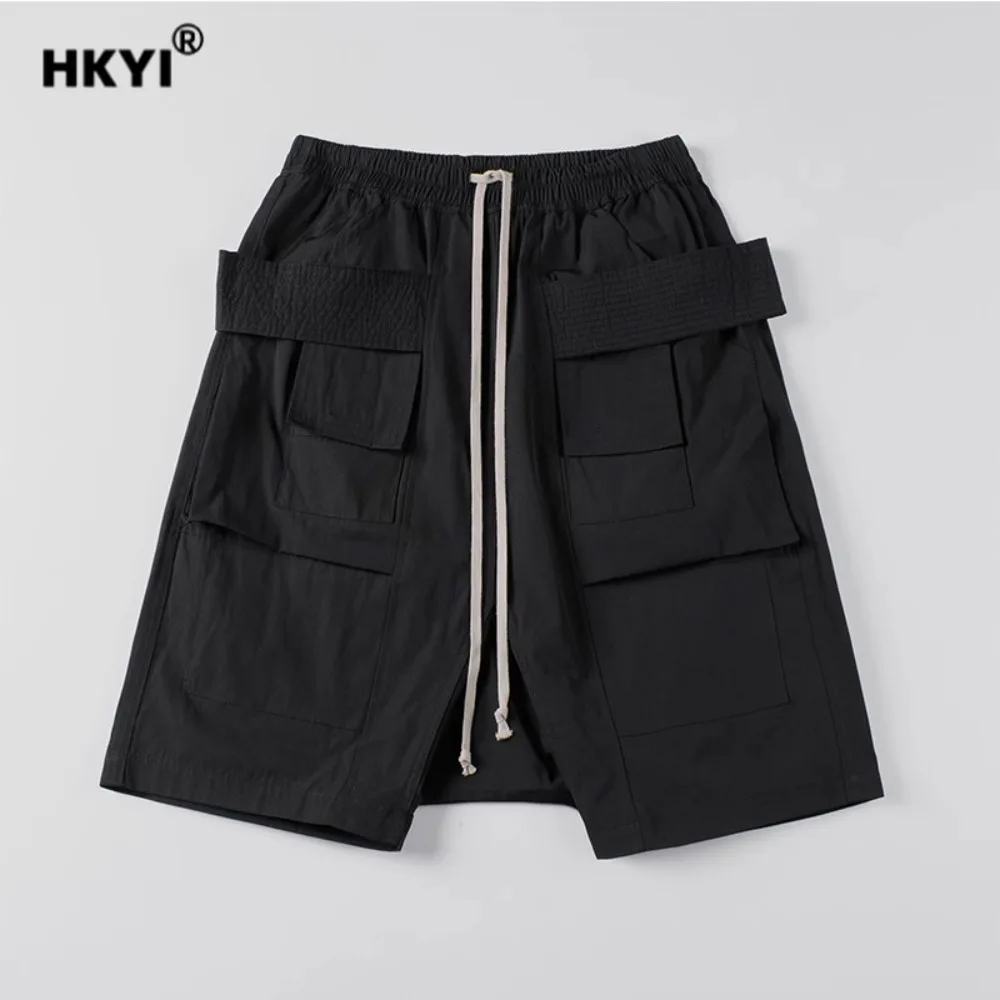 HKYI High Street Solid Color workwear Multi Pocket Classic Black Double Loop Basic Shorts