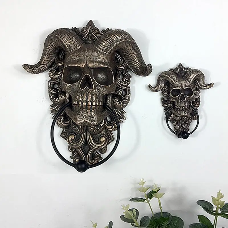 Skull Door Knocker Hell Devil Horn Skull Door Hanging Gothic Home Resin Decor Punk Satan Skull Sheep Head Wall Decor Pendant