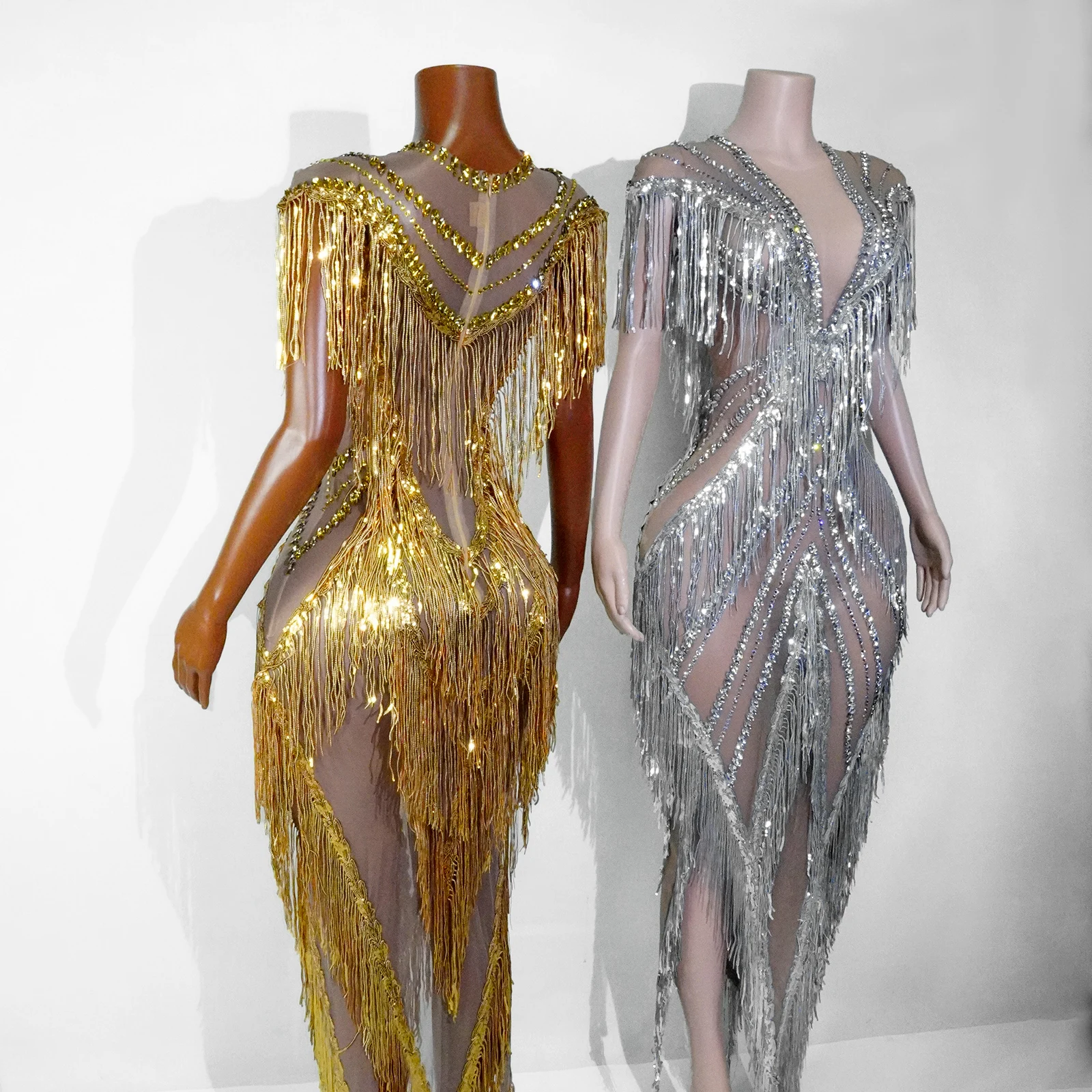 

Sexy Rhinestones Sliver Mesh See-through Rhinestone Fringe Long Dress Party Birthday Party Gowns Festival Host Stage Costumes