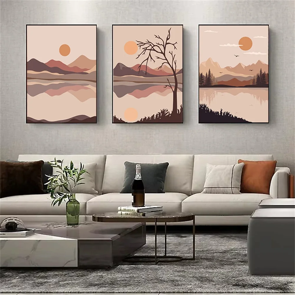 1pc frameless Canvas Painting Abstract Orange Sun Poster Boho River Tree Mountain Wall Art Canvas Painting Retro Landscape Print