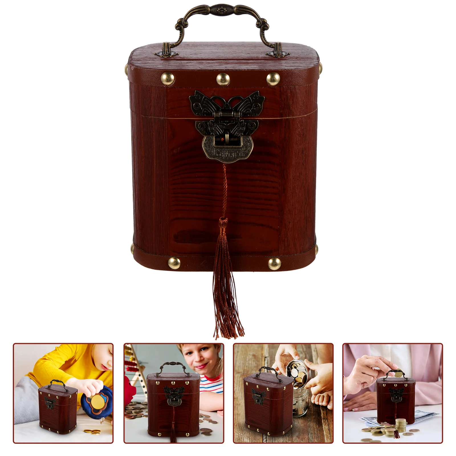 

Wooden Piggy Money Jar Retro Decor Small Brown Lock Piggy Bank Wooden Design Children Savings Box Storage Container