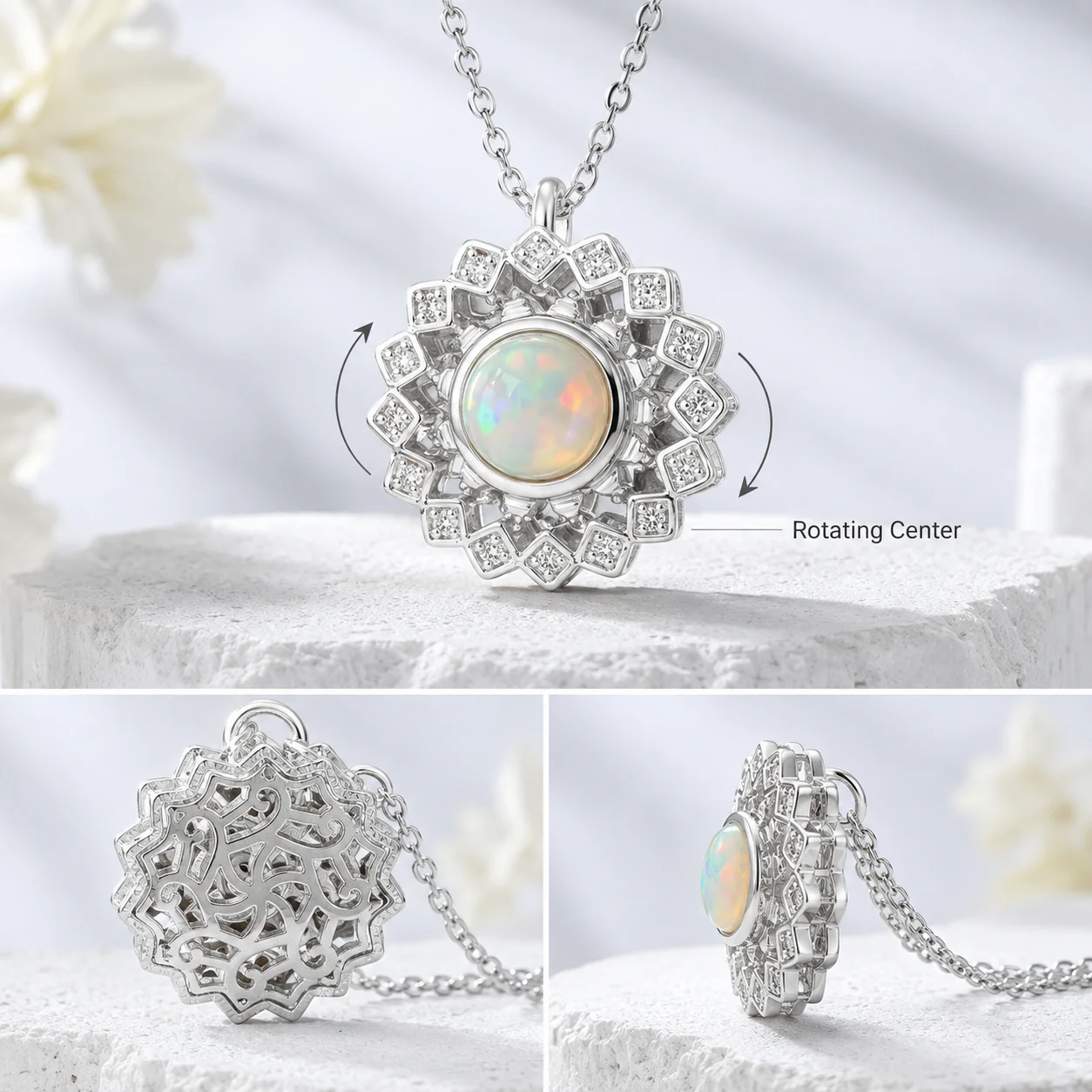 ITSMOS Vintage Rotating Opal Locket Necklace Fire Opal Spinner Pendant Halo Interactive Fidget Jewelry for Women Memorial Locket
