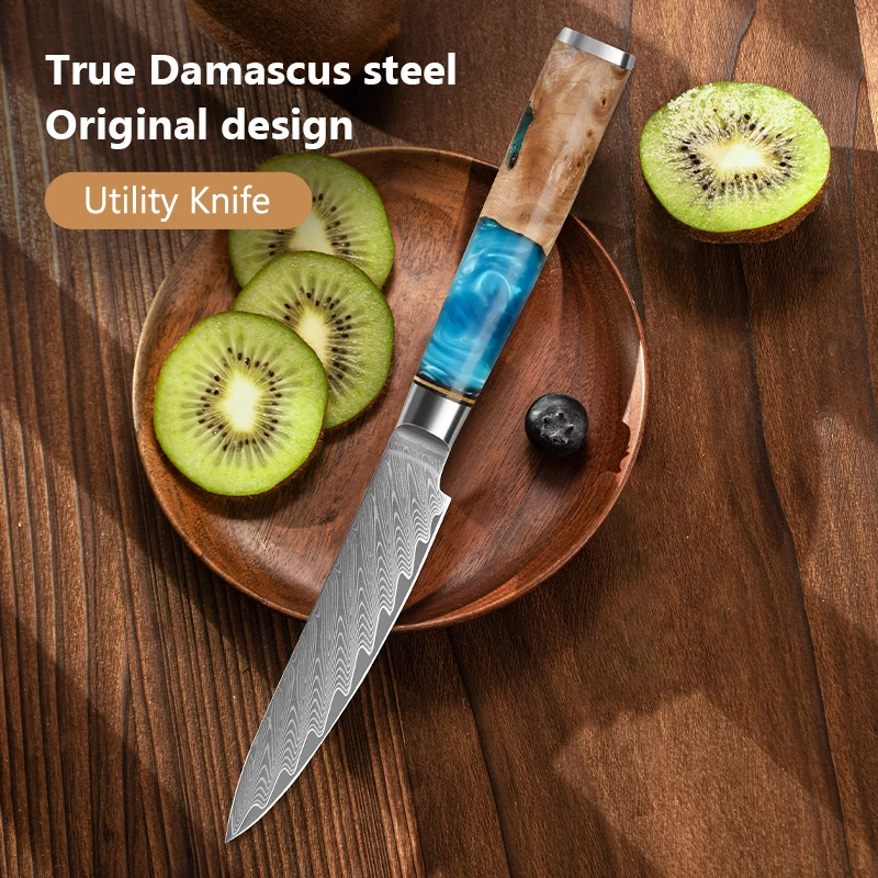 

5-дюймовый универсальный нож из дамасской стали, японский профессиональный поварской нож, кухонный нож для чистки овощей с синей рукояткой из смолы