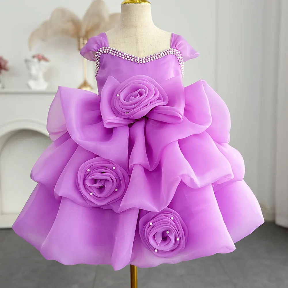 Jill Wish-Robe élégante blanche pour petite fille, tenue de princesse rose avec fleurs faites à la main, pour fête de mariage, anniversaire, première communion, J317