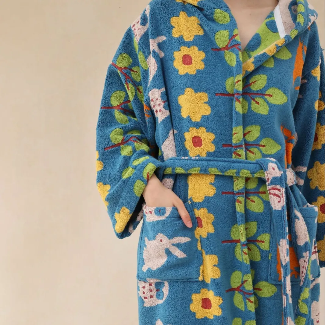 Women's 100% Cotton Hooded Bathrobe Floral Print Long-staple Cotton Sleepwear Bath Towel Robes Soft Absorbent Hotel Robe