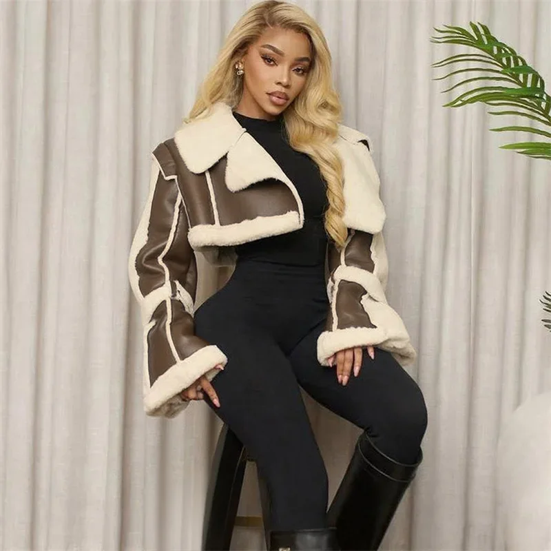 Doyery Trendy Furry Patchwork Bomber Jacket Woman Winter Clothes Full Sleeve Open Stitch Warm Outwears Leather Quilted Coats