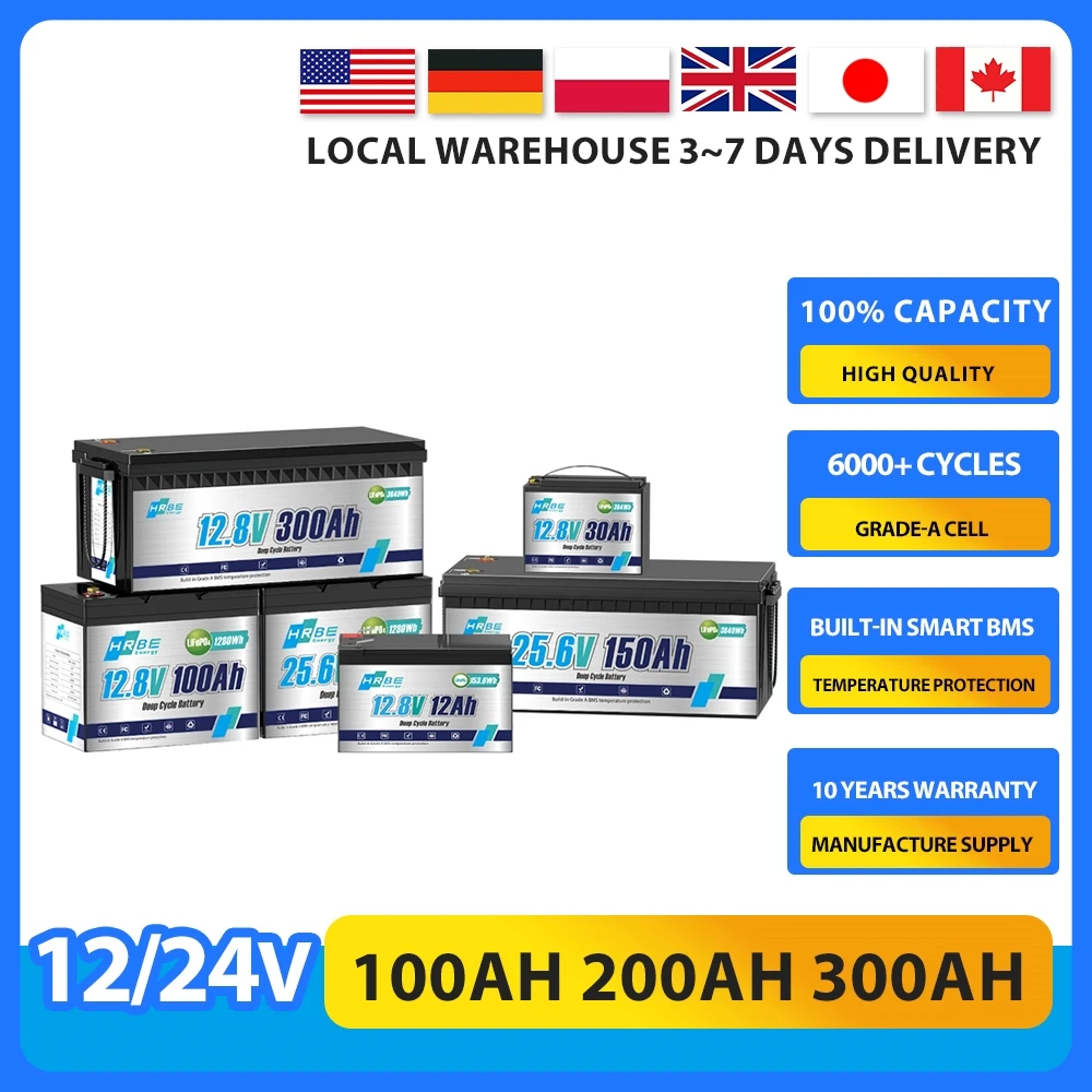 

12V 30AH 100AH 300AH 24V 100AH 150AH LiFePo4 Battery Built-in BMS Lithium Iron Phosphate Cells Pack 6000 Cycle For RV,Solar,Boat