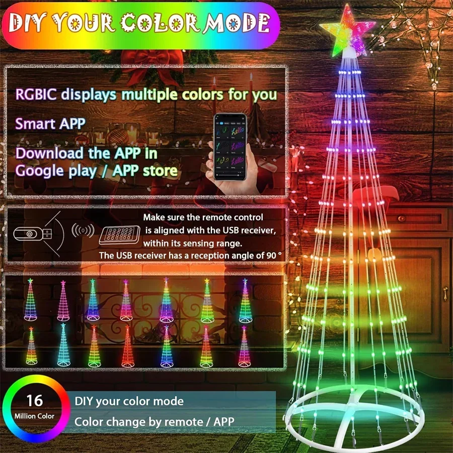 1.5M 2.1M Smart Lighted RGB Christmas Tree Cone Tree with Star Topper Outdoor DIY APP Controlled Lighted Christmas Tree Light