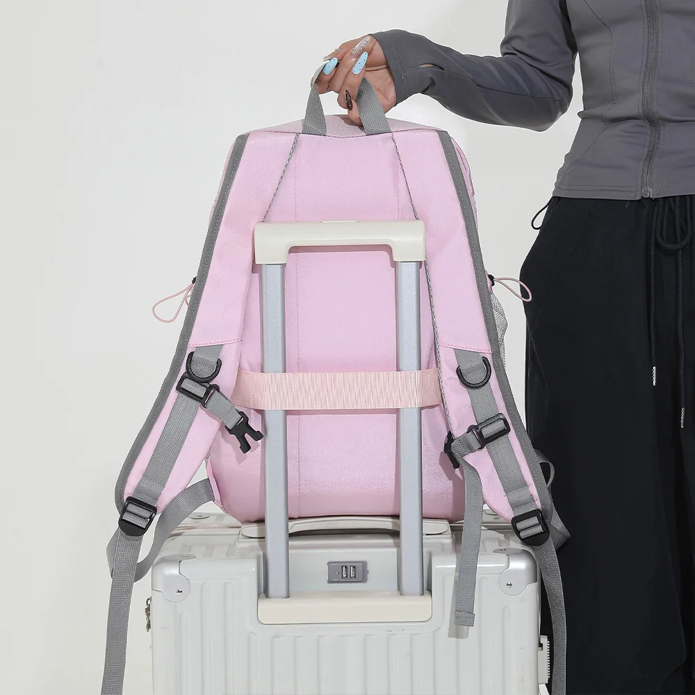 Star Print Nylon Backpack with Front Bungee Cord, Multi-Pocket Daypack, Sturdy Bag for School, Outdoor & Daily Travel Use