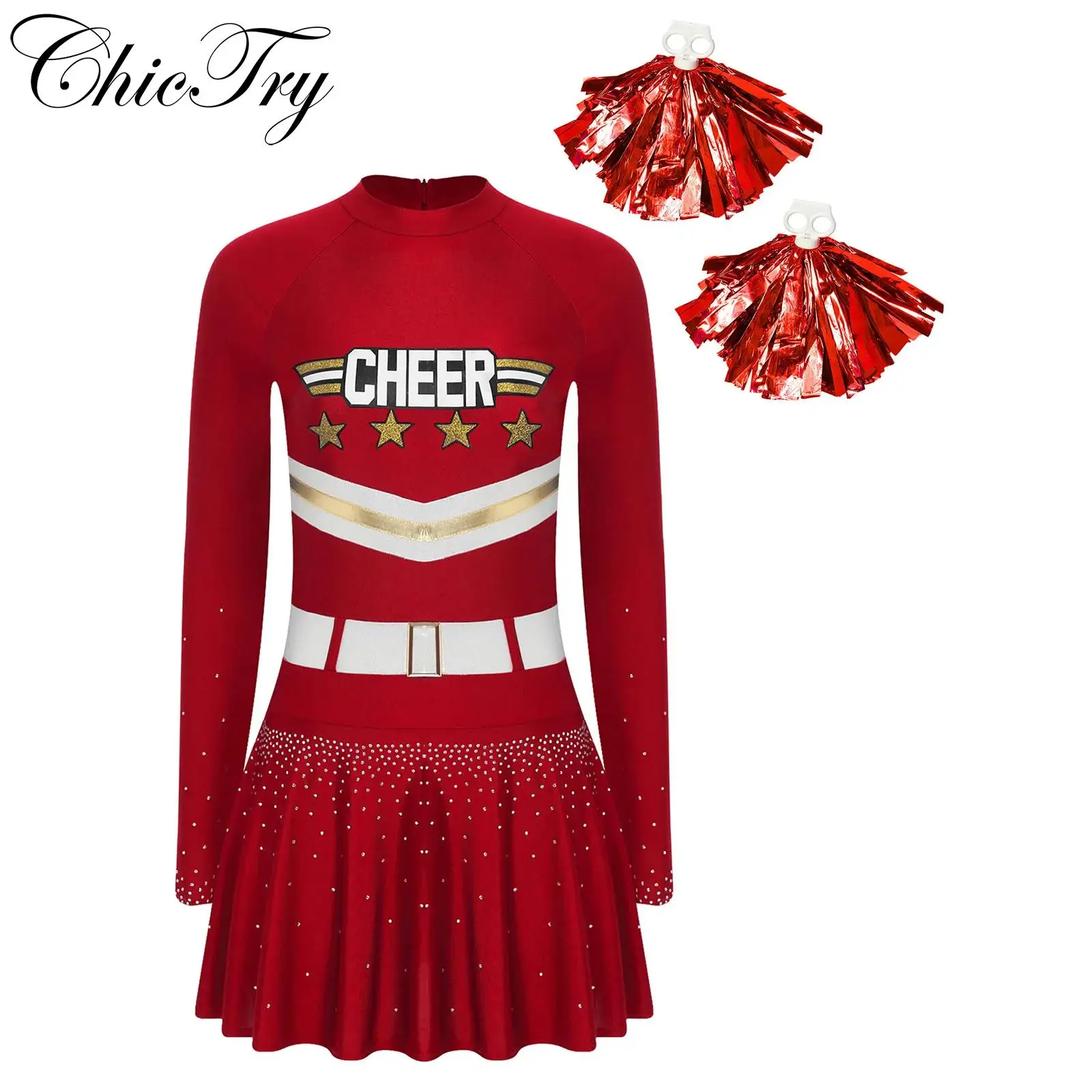 

Womens Cheerleader Costume Cosplay Dress Long Sleeve Letter Star Rhinestone Cheer Up Outfit with Flowers Halloween Themed Party