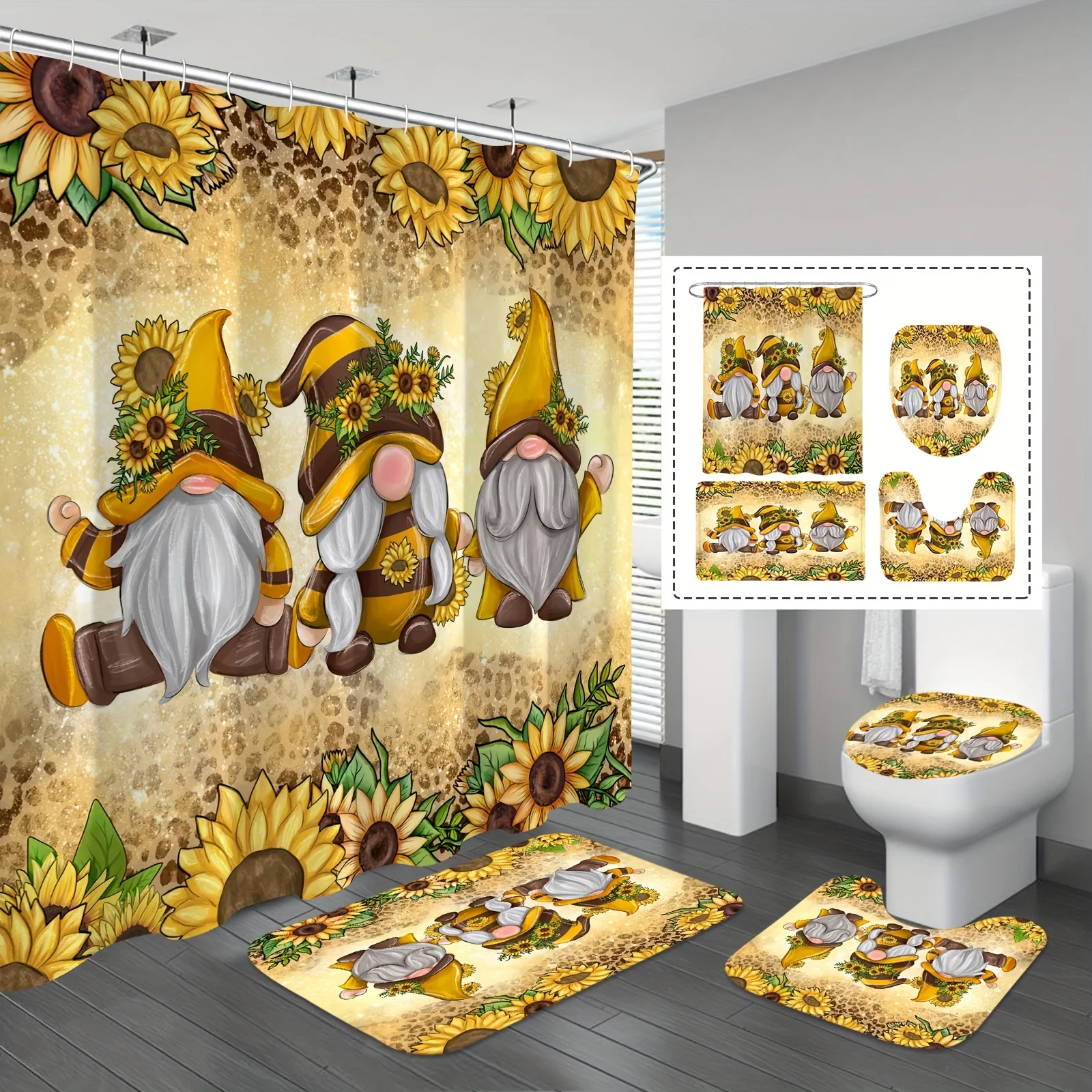 Sunflower Gnomes Bathroom Set: Shower Curtain, Mat, Towel, Toilet Cover - 4Pcs Waterproof Decor for a Cozy Bath