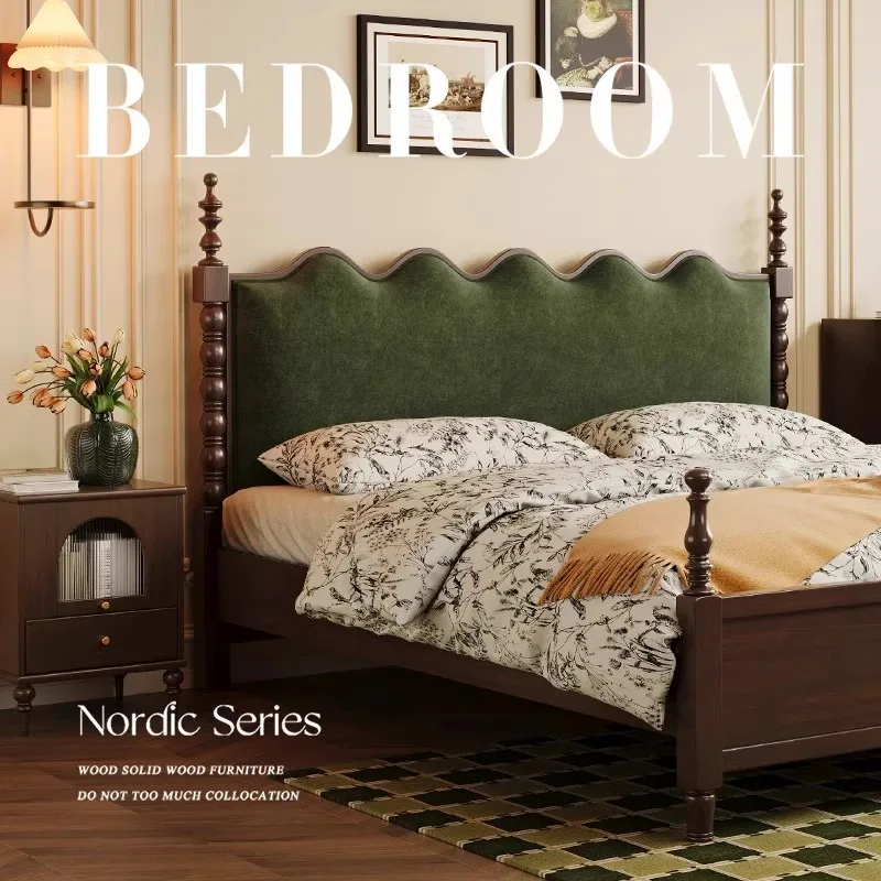 CX solid wood bed medium antique, retro black bedroom double wave ripple bed