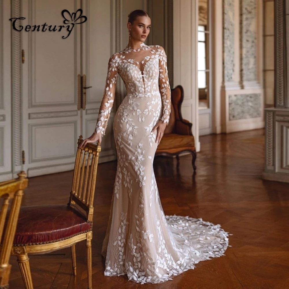 

Boho Wedding Dress Women Mermaid High Neck Lace Appliques Long Sleeve Civil Bride Dresses Vestidos de Novia 2025 Customized