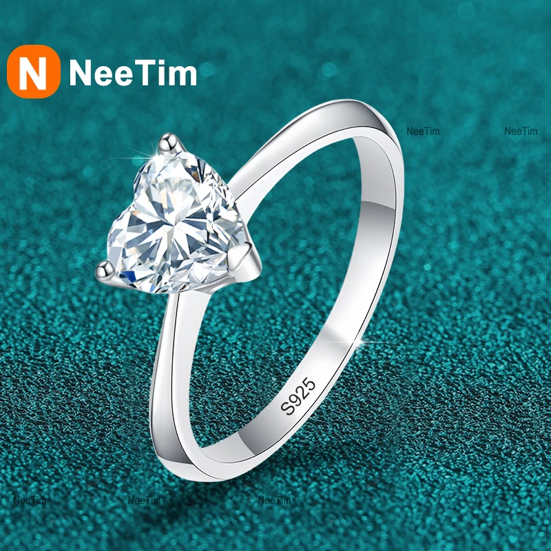 NeeTim 0.5ct 1ct 2ct Heart Cut Moissanite Ring for Women Sparkling Wedding Eternity Band Sterling Silver S925 Fine Jewelry Rings