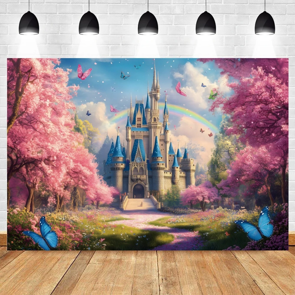 Pink Rainbow Castle Backdrops Flowers Forest Princess Birthday Party Dreamy Wedding Portrait Photography Background Photo Studio
