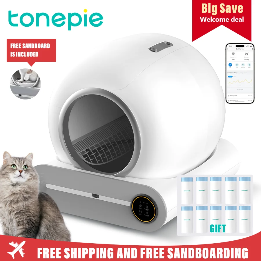 Tonepie 65L Bac à litière automatique intelligent pour chat, autonettoyant, entièrement fermé, versions anglaises