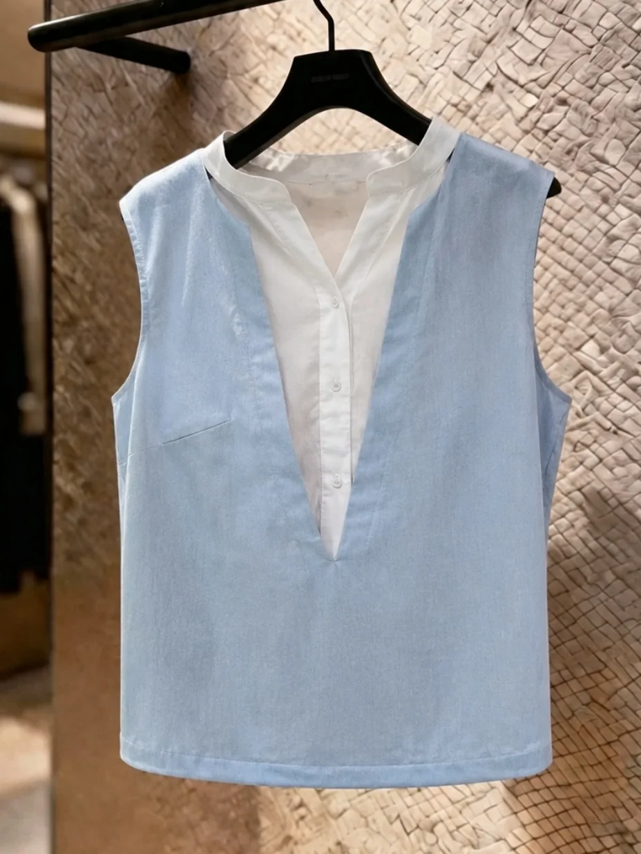 

Fashionable Sleeveless Shirt round Neck Commute Style Summer Slimming Versatile Elegant Top Korean Version Straight Cut