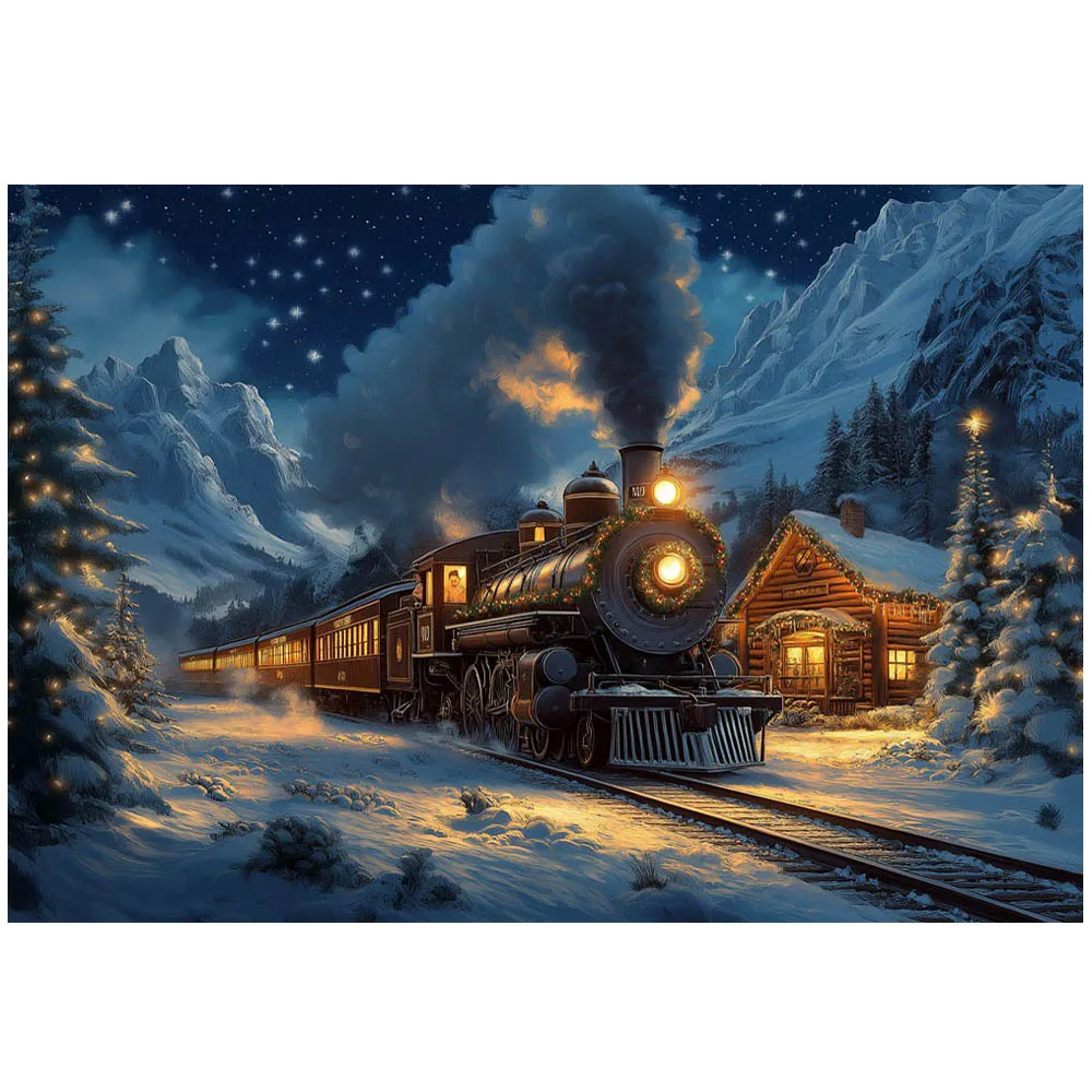 خلفية تصوير Mocsicka ، غابة شتوية ، قطار عتيق ، ثلج ، منزل خشبي ، شجرة عيد الميلاد ، خلفية ، استوديو تصوير ، مستلزمات تصوير