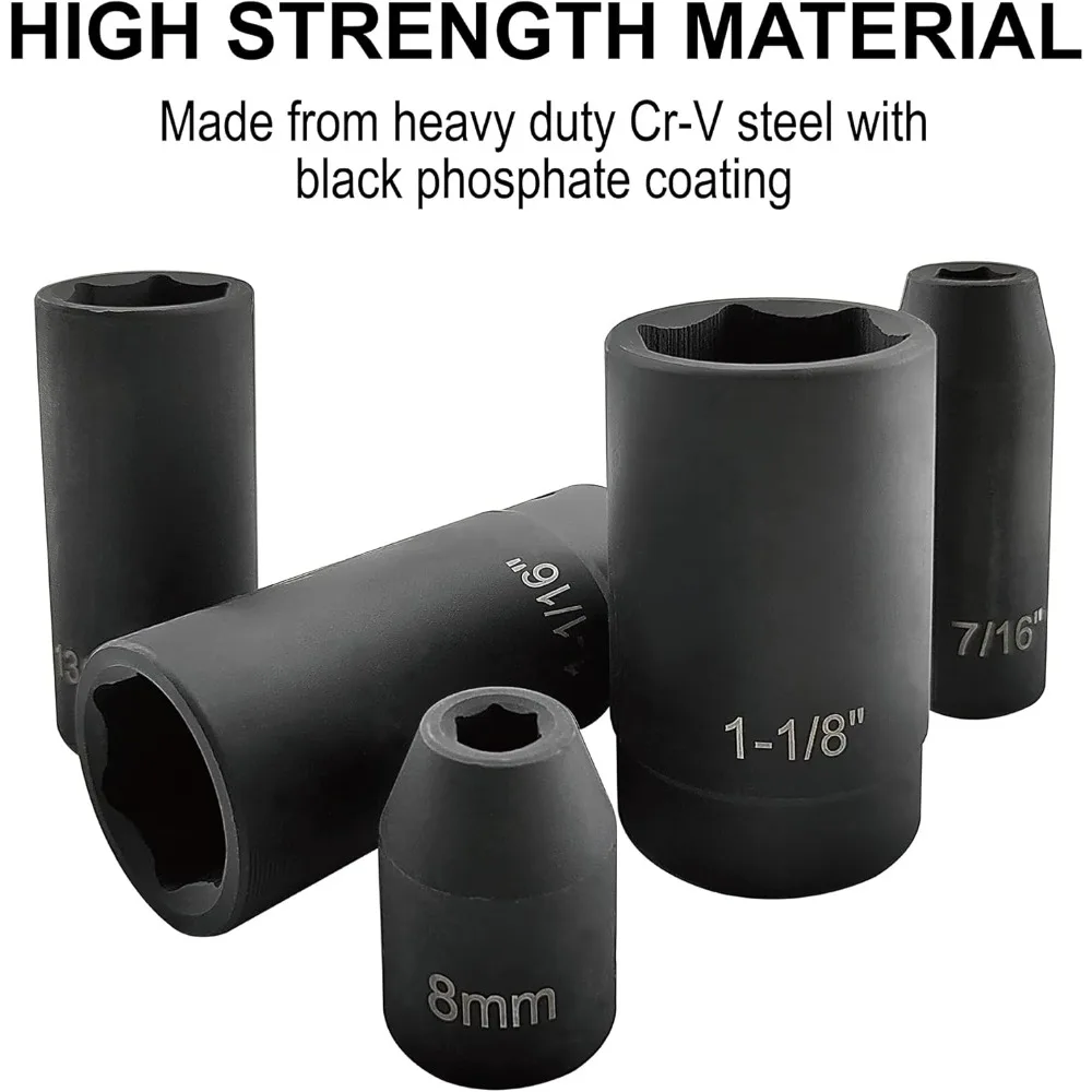 مجموعة مقابس تأثير المحرك 70 قطعة 1/2 بوصة، فولاذ Cr-V، SAE & Metric، مقابس قياسية/عميقة مع 72 مقبض بسقاطة للأسنان، شريط تمديد