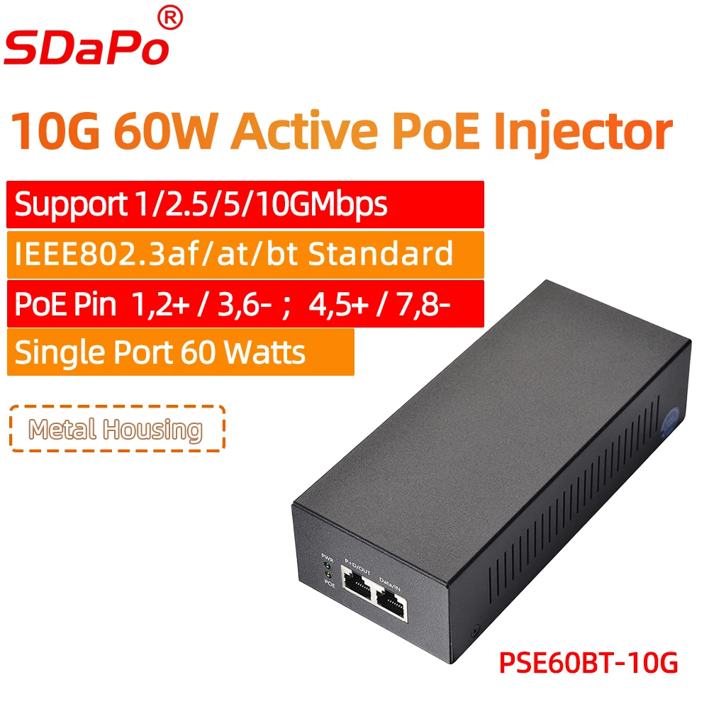 

Активный инжектор PoE SDaPo 60 Вт 90 Вт PoE++ IEEE802.3bt Общий однопортовый источник питания для сетевых устройств