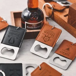 Laser Custom Logo Leather Beers Bottle Opener Stainless Steel Car Key Chain Engrave Keychain Personalize Blank Vintage Keyring