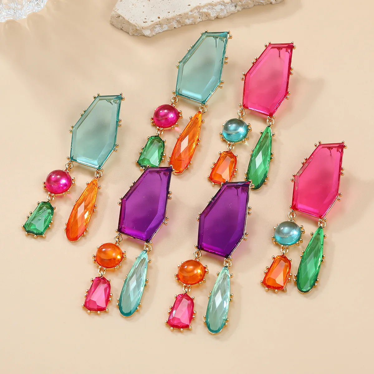 Color Mixed Big Statement Acrylic Rainbow Gold Earrings for Female Women Bohemia Earring Fuchsia Accessories