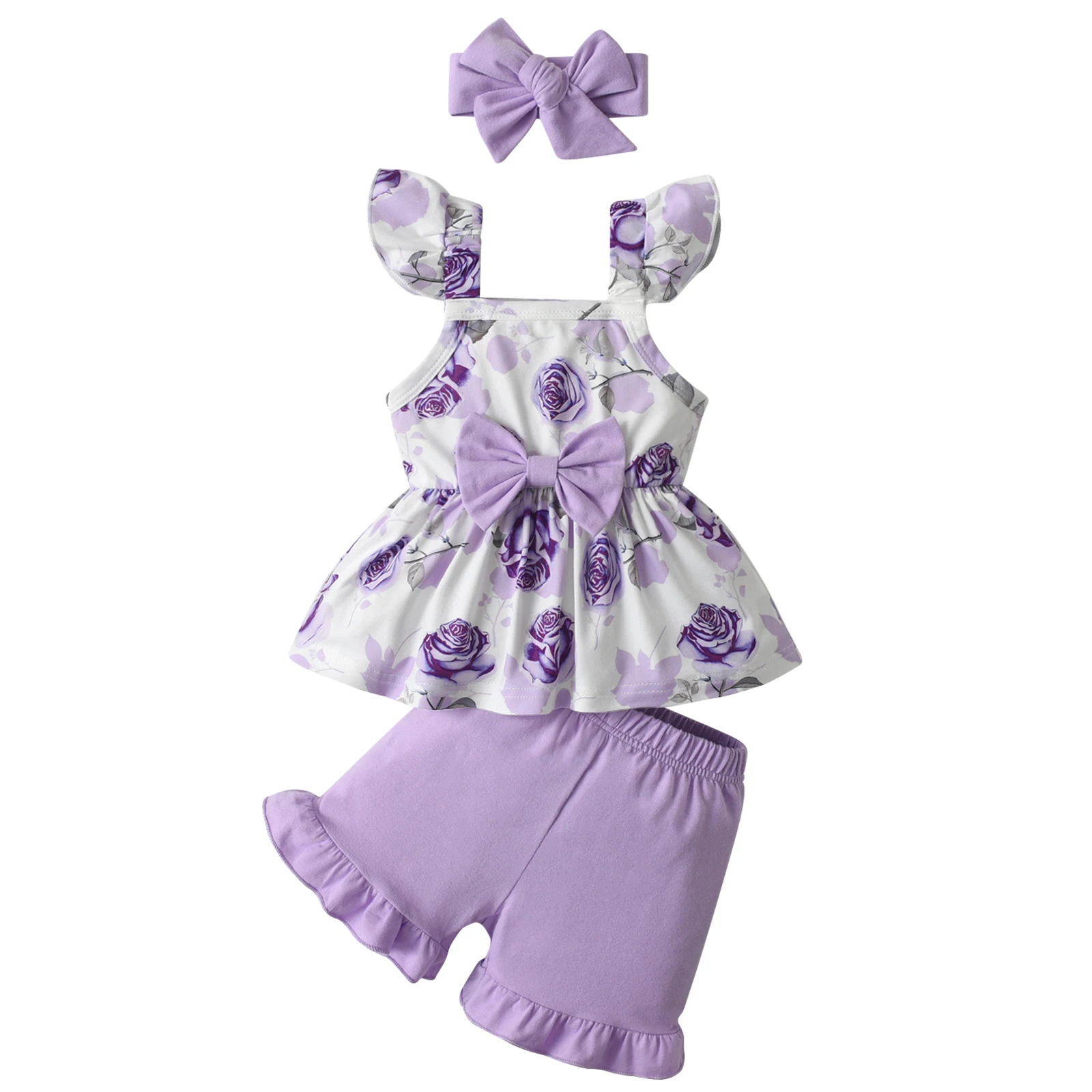 

Toddler Baby Girl Cute Clothes Set Sweet Floral Printed Fly Sleeves Top with Bow + Solid Shorts + Headress 3PCS Summer Outfit