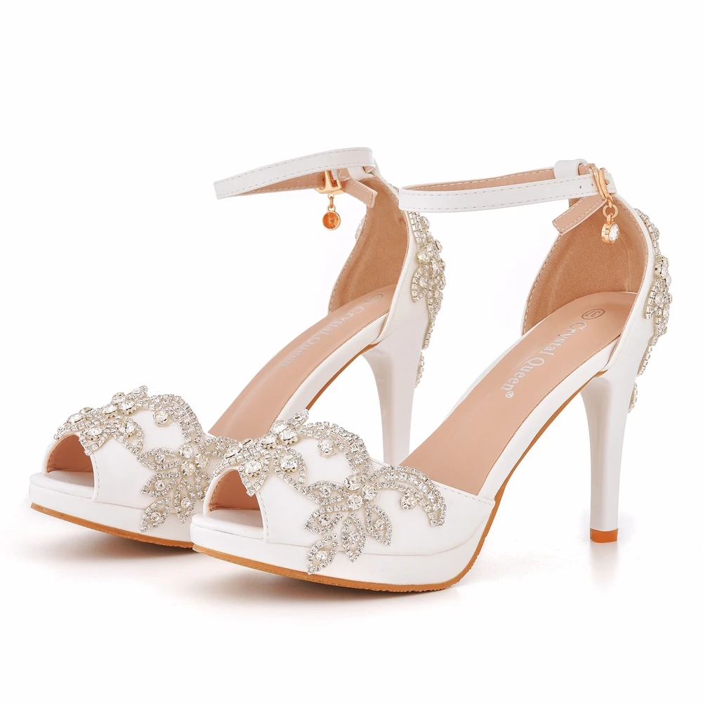 Women Wedding Shoes Bride Sandals White Rhinestones Silver Platform Dress Thin High Heels Ladies Pumps