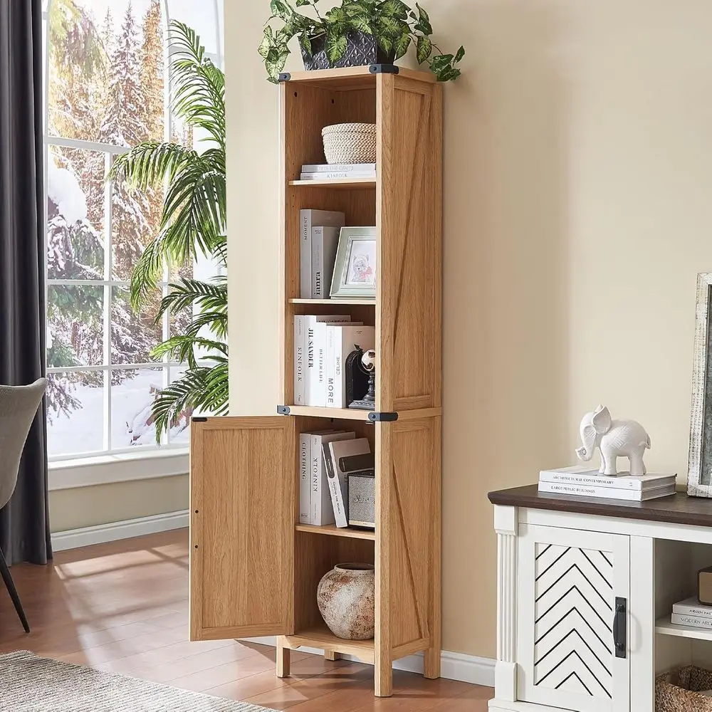 

71" Tall Bookshel, 5 Tier Bookcase with Adjustable Shelves and Barn Do,Natural Wood armhouse Bookshel with Storage Cabin