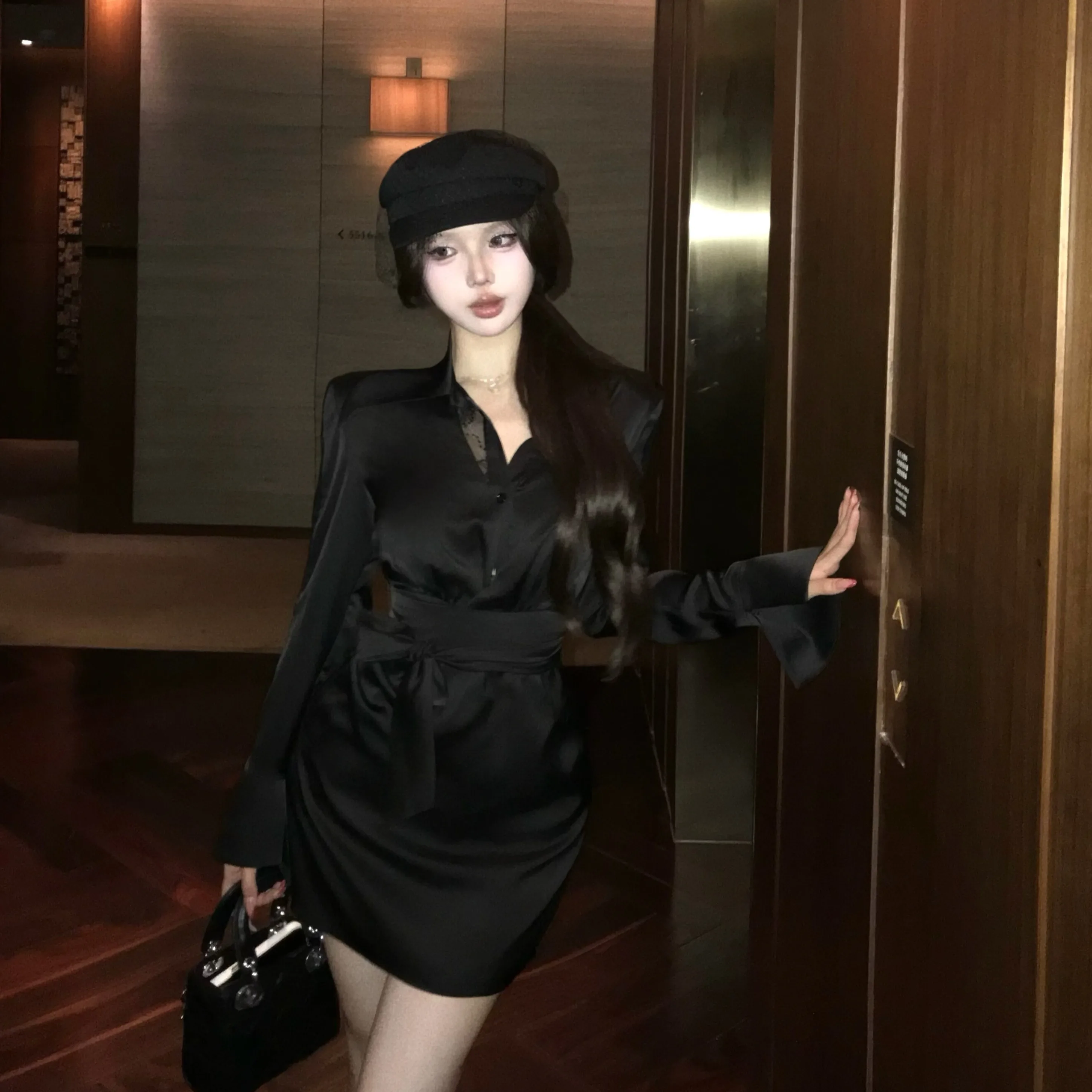 

Autumn Winter Lace Patchwork irt Dr Women Pure Desire Slim Fit Waist Cinching Base Layer Dr Luxury Sensation Collar